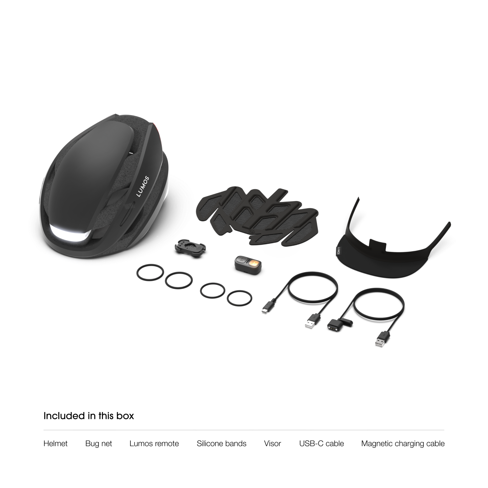 Lumos Ultra Helmet Bundle components including helmet, visor, and charging cables.