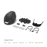 Lumos Ultra Helmet Bundle components including helmet, visor, and charging cables.