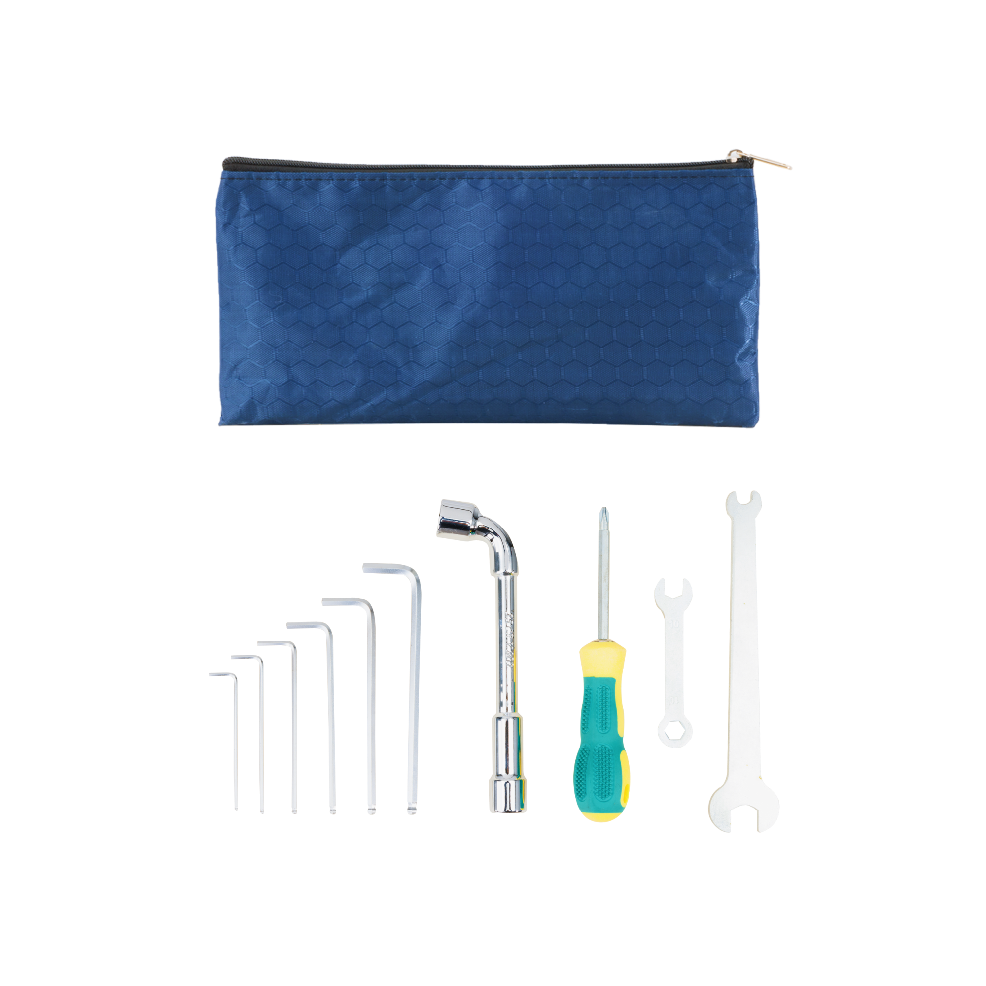 Bicycle repair tool kit with hex spanners and screwdriver in blue pouch