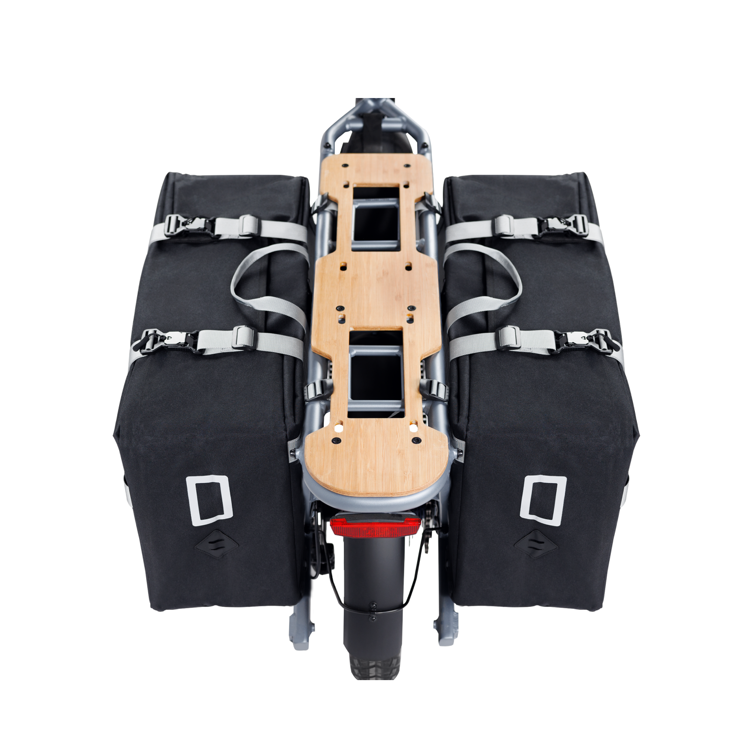 Top view of Velotric Packer Pannier Bag attached to bike, featuring a wooden rack.