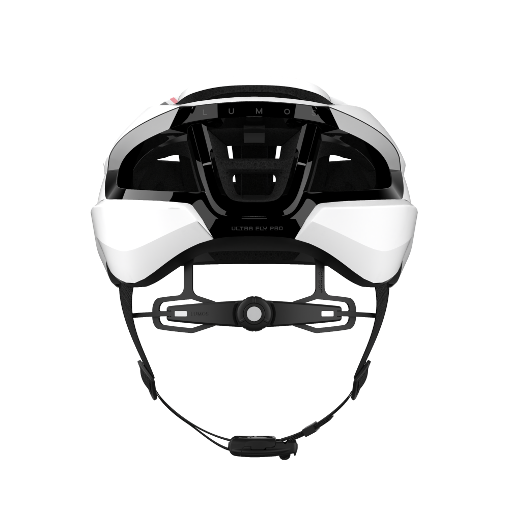 Rear view of Lumos Ultra Fly Pro road bike helmet with adjustable straps.