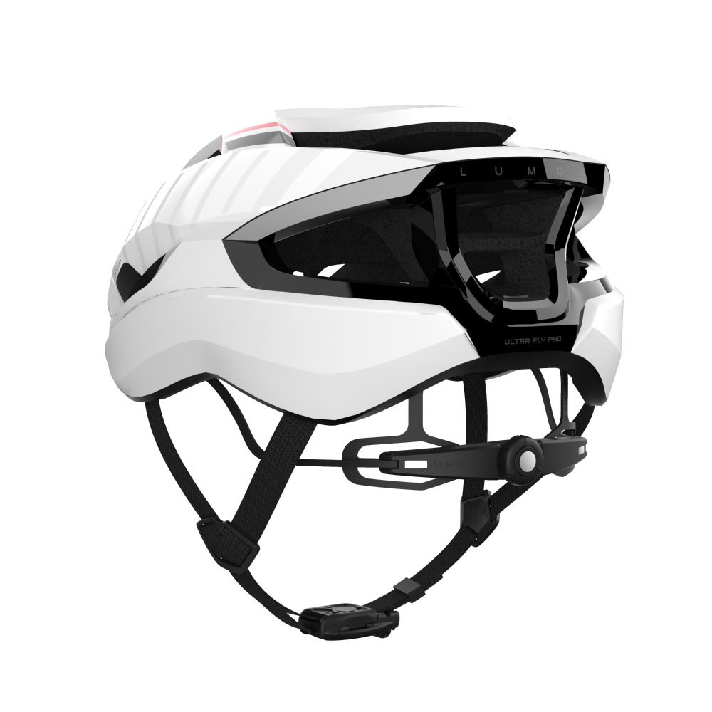Lumos Ultra Fly Pro white road bike helmet side view with ventilation and adjustable strap.