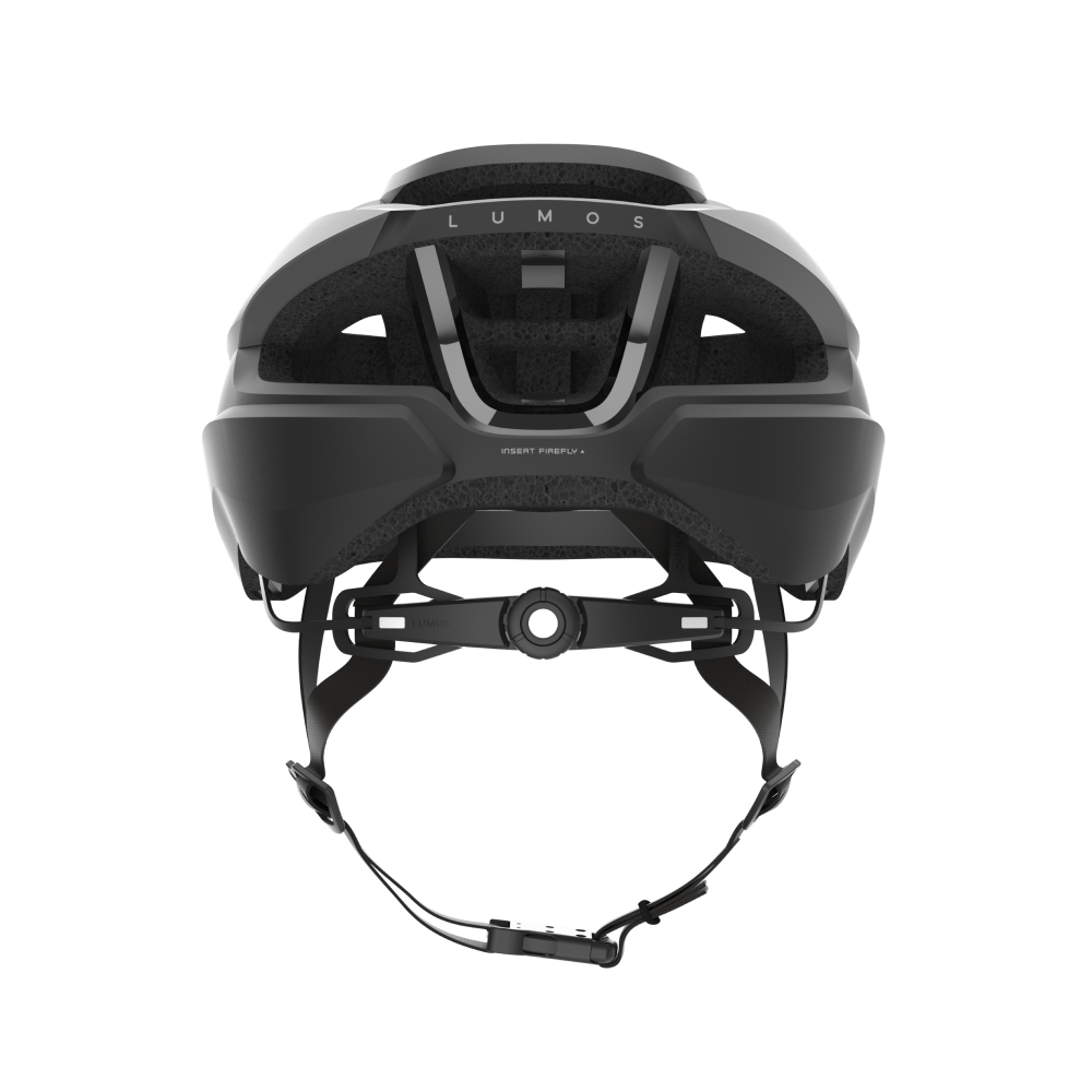 Rear view of Lumos Ultra Fly bike helmet in matte black with adjustable strap.