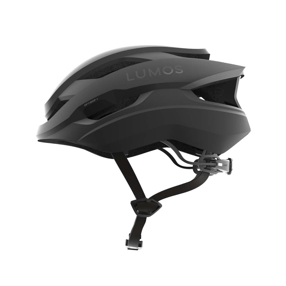 Matte black Lumos Ultra Fly helmet with sleek design and safety features.